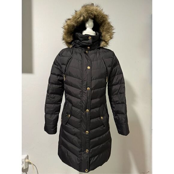 Michael Michael Kors black Down puffer foux fur trim Hooded winter coat Ps - Picture 2 of 16